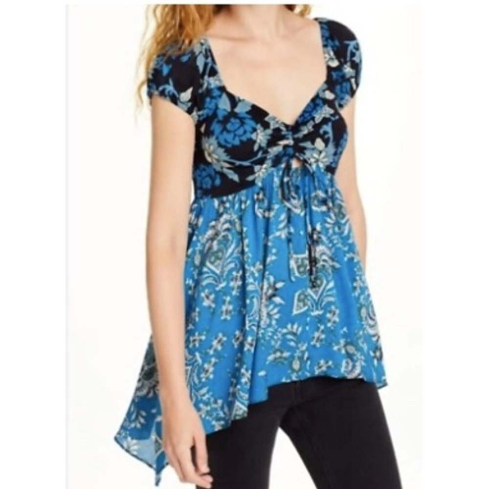 Free People La Bamba Babydoll Printed Top Women M Blue Floral Boho